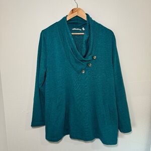 Soft Surroundings Sweater Women's PXL Teal Blue Cowl Neck Button Detail